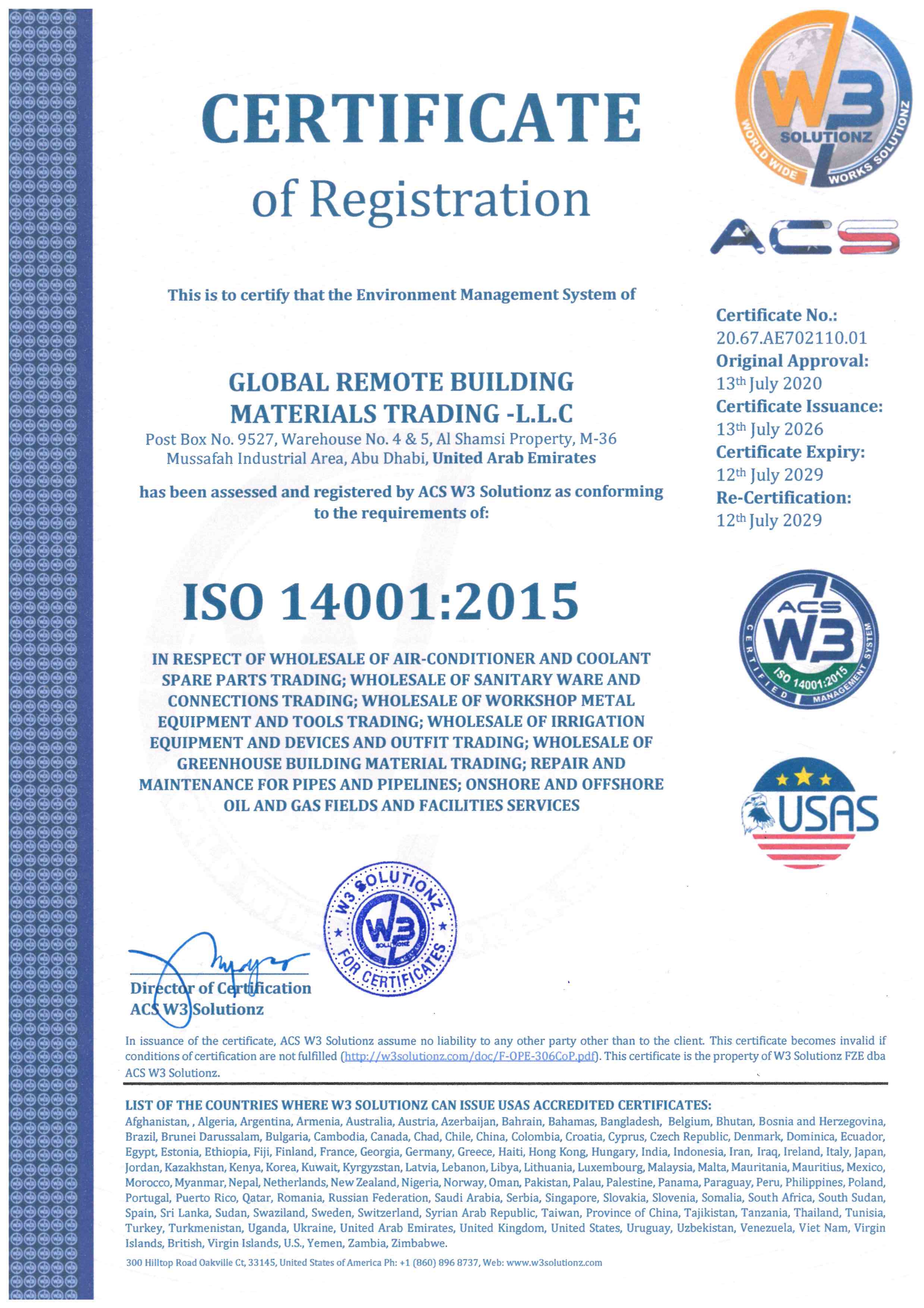 ISO 14001:2015 environmental management certificate — Global Remote Building Materials Trading