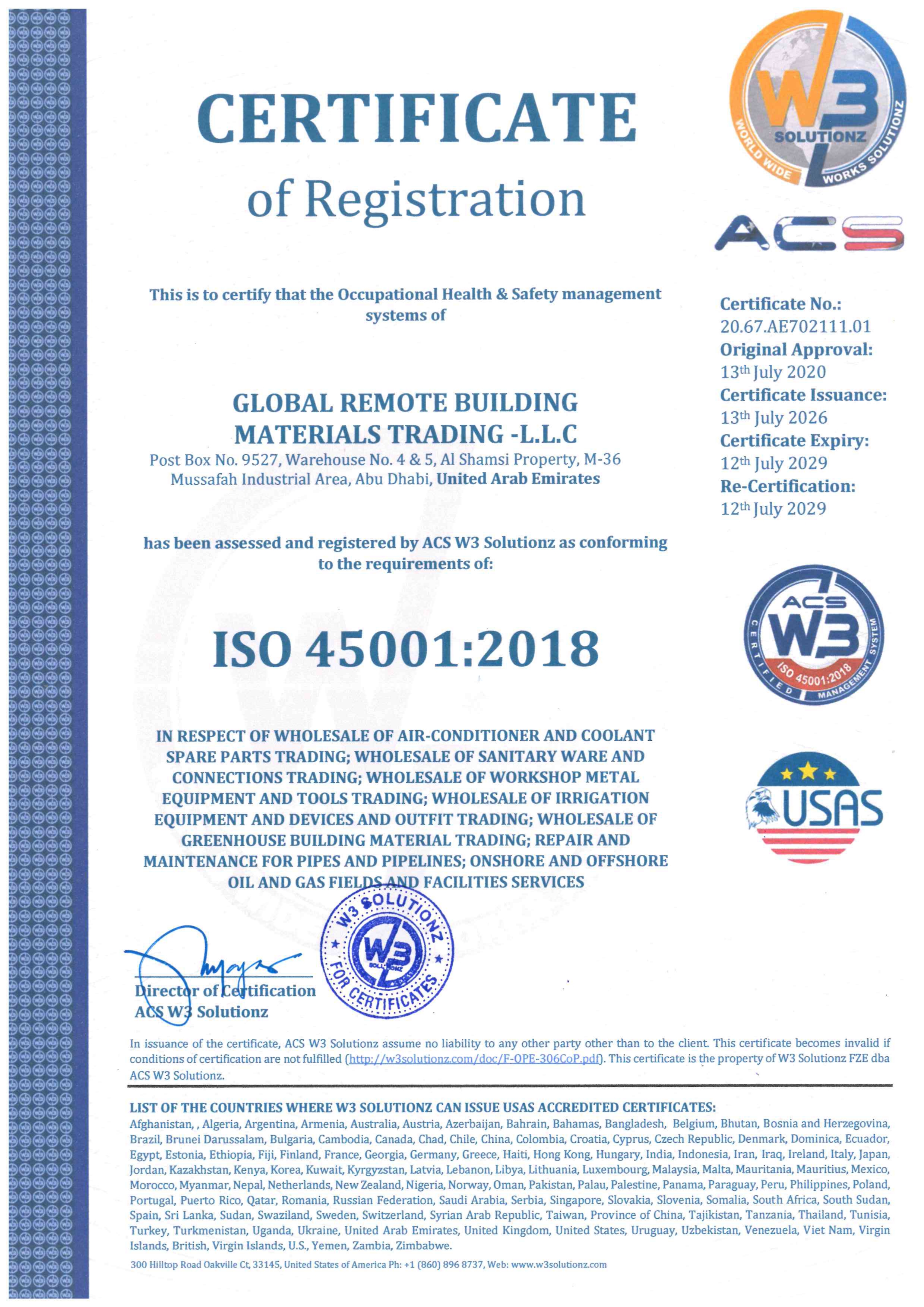 ISO 45001:2018 occupational health and safety certificate — Global Remote Building Materials Trading