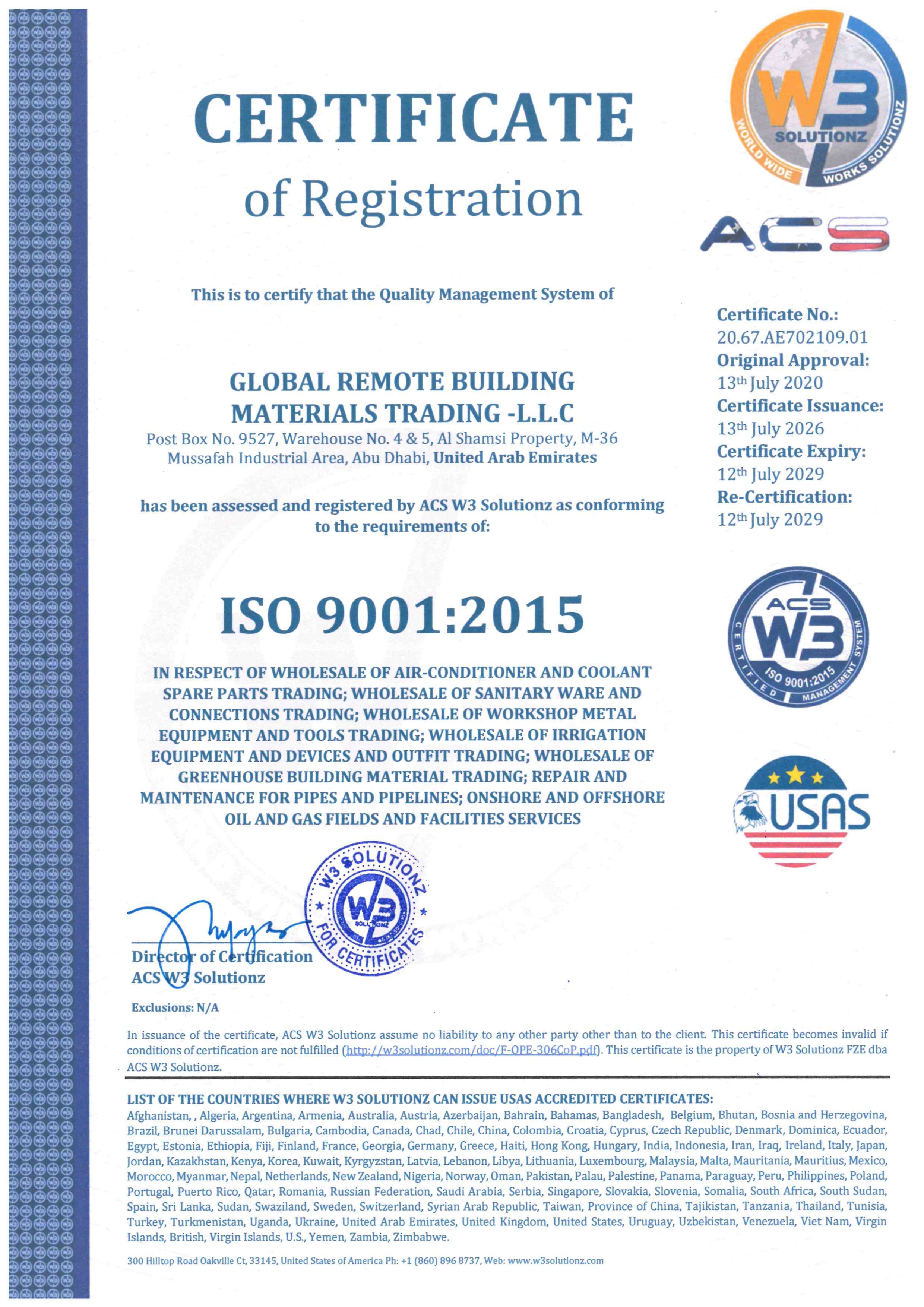 ISO 9001:2015 quality management certificate — Global Remote Building Materials Trading